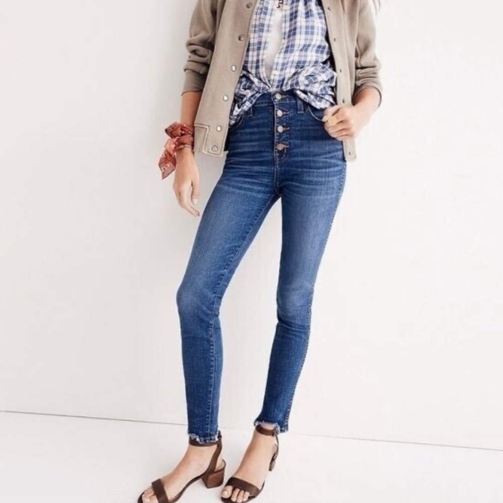 Madewell 10” High Rise Skinny Jeans Blue Denim Buttonfly Distressed Women’s S 28